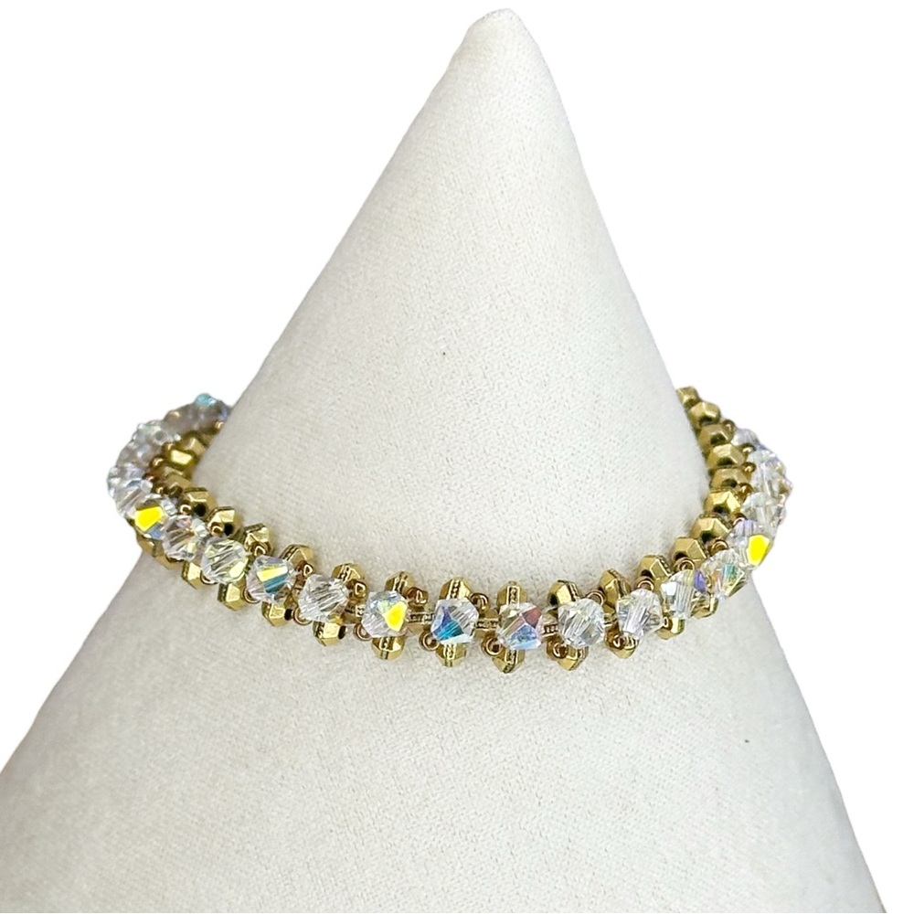 Vintage Aurora Borealis Crystal Gold Tone Geometric Bead Bracelet